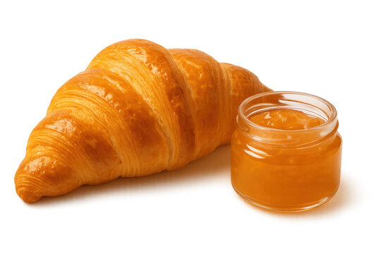Golden croissant and orange marmalade jar on transparent background