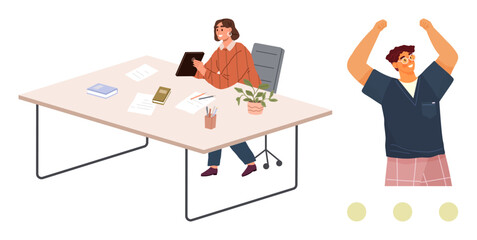 Woman at desk using tablet surrounded by office items, and a man raising arms in joy. Ideal for teamwork, success, workplace balance, collaboration, celebration, productivity, simple flat metaphor