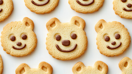 Delicious bear shaped cookies with chocolate accents arranged neatly, perfect for parties or celebrations. These treats bring joy and sweetness to any occasion