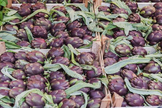 Fresh purple artichokes at a market in wooden crates