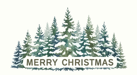 Winter forest scene with snow covered pine trees and merry christmas text overlay
