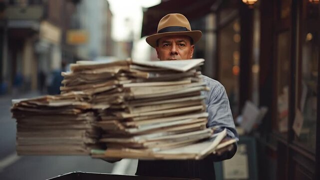 Determined Man in Fedora Carrying Heavy Stack of Vintage Newspapers on a Bustling City Street, Delivering News with a Classic Urban Vibe