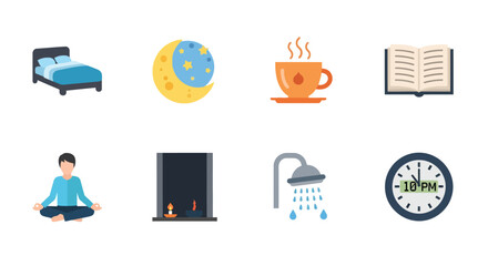 Evening routine icons: bed, moon, tea, book, meditation, candle, shower, clock