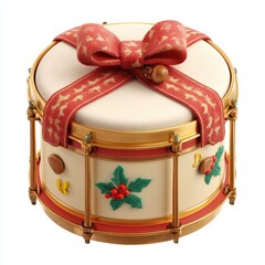 A white and gold decorated drum with a red ribbon tied around it