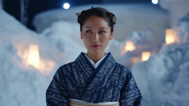 女性がはにかむ矢絣浴衣と雪明かり