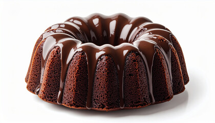 Rich chocolate bundt cake isolated on white background, glossy glaze, delicious dessert, sweet food