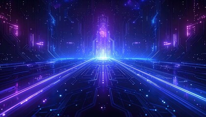 A glowing digital superhighway of circuits in vibrant blue and purple neon