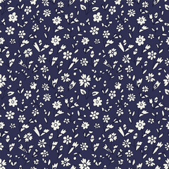 Monochrome black and white ditsy floral seamless pattern. Hand drawn vintage backdrop with tiny flowers. Cottagecore texture