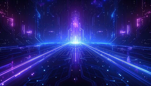 A glowing digital superhighway of circuits in vibrant blue and purple neon