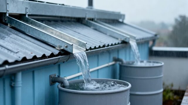 Medium frame showing roofmounted rainwater harvesting equipment with channels guiding rain into storage containers during a light shower.