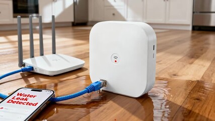 Close medium shot of a smart water sensor connected to a network sending realtime leak alerts to prevent costly water damage in residential spaces.