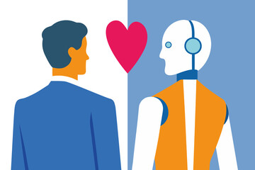 Connection between humans and robots in modern society with a heart symbol