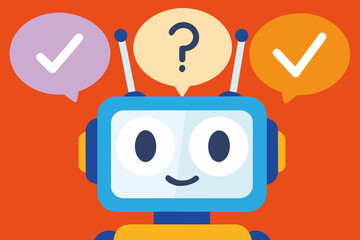 Friendly robot with colorful speech bubbles expressing curiosity and approval