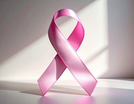 A pink awareness ribbon stands on a white surface with light and diagonal shadows