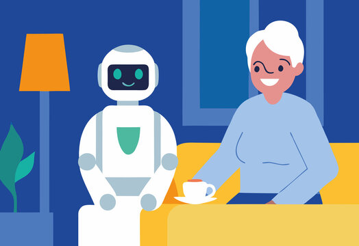 Elderly woman enjoys tea with friendly robot companion in cozy living room