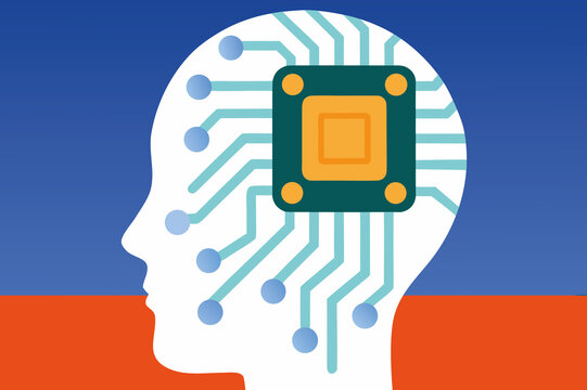 An artistic representation shows a human head silhouette combined with a microchip