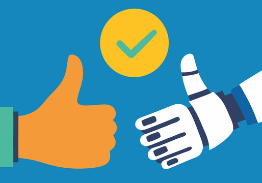 Human hand and robotic hand giving thumbs up gesture in a cheerful setting