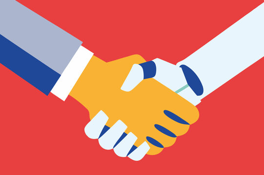 Business partnership handshake illustrating collaboration between human and robot