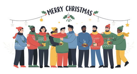 Diverse group of friends in festive sweaters and scarves celebrating christmas together with hot drinks