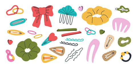 Hair Accessories Collection with Bows Clips Scrunchies Rings and Hairpins Isolated on White Background. Colorful Fashion Illustration of Female Beauty Items and Hair Decoration Elements