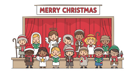Diverse group of cute cartoon children dressed as nativity characters singing carols on stage with merry christmas banner