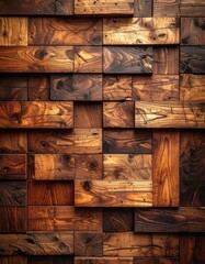 Wall of staggered, rectangular wood blocks with rich grain and warm, dark tones