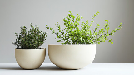 pair of ceramic pots containing lush green plants, one smaller with herbs and other larger with vibrant foliage, create fresh and lively in minimalist setting