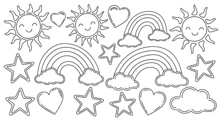 Outline drawing of sun, rainbow, heart, and star isolated on white background