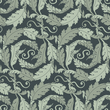 Hand drawn green acanthus leaf Art Nouveau line seamless pattern. Elegant floral vector background for print and digital design. Vintage botanical texture