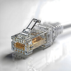 Detailed Macro Shot of RJ45 Connector Pins and Copper Wires, White Studio Background