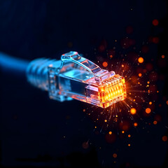Glowing RJ45 Ethernet Cable with Electric Sparks of Data Flow, Dark Background