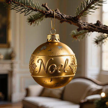 Magnifiques boules de No&euml;l dor&eacute;es brillantes sur branchages de sapin enneig&eacute;