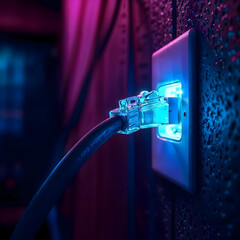 Cyberpunk RJ45 Network Cables Glowing in Neon Lights, Futuristic Factory Scene