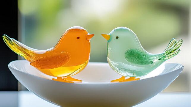 Brightly colored glass birds, one orange and one green, sit in white bowl, creating cheerful and playful . Their vibrant hues add touch of whimsy to any decor