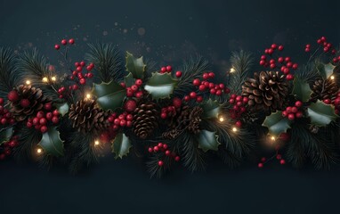 A long line of red berries and pine cones