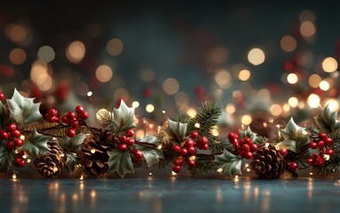 A Christmas wreath with red berries and pine cones