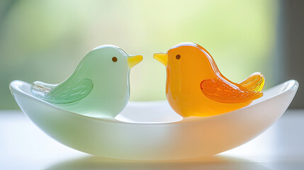 Colorful glass birds in bowl create charming display, evoking warmth and joy. Their vibrant hues and playful design make them delightful addition to any decor