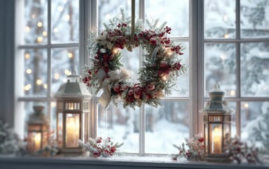 A wreath is hanging from a window