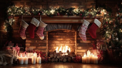 A fireplace with a mantle decorated with Christmas decorations