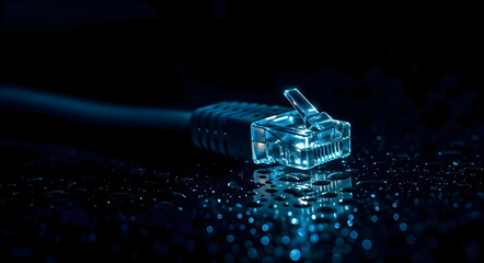 Glowing RJ45 Connector Illuminated by Moonlight, Dark Reflective Background