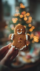 A person is holding a gingerbread man cookie