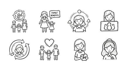 Hand drawn family and community icons with happy people and family benefits
