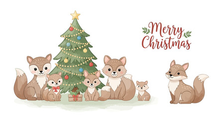 Cute cartoon fox family celebrating christmas with a decorated tree and presents