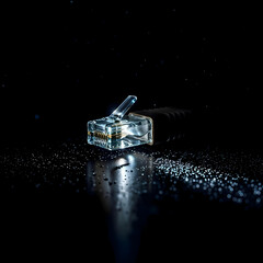 Artistic Night Shot of Ethernet Plug with Metallic Reflection, Cyber Aesthetic