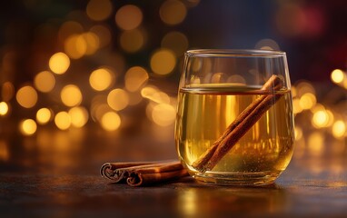 A glass of liquid with a cinnamon stick in it