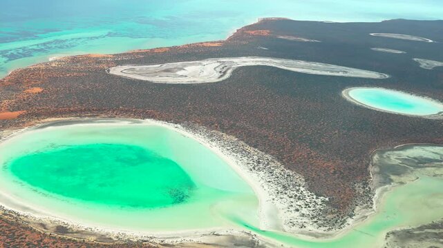 Scenic aerial landscape of Useless Loop coastline and crystallization ponds in Shark Bay region