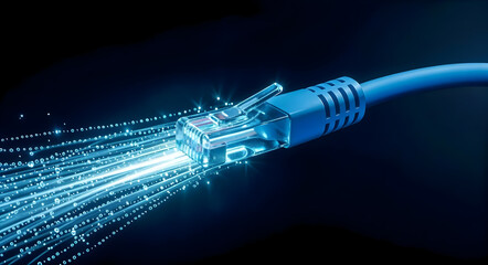 Data Flow Visualization — RJ45 Cable and Binary Background, 3D Tech Illustration