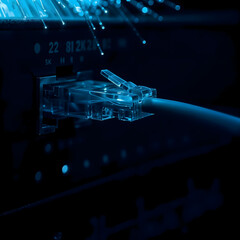 Blue Light Network Switch Connection, Futuristic RJ45 Plug with Neon Effect