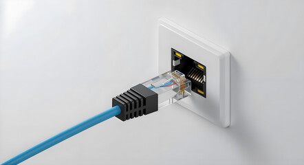 Modern LAN Connection with RJ45 Cable in Wall Port, Minimal 3D Illustration