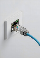 Isometric 3D RJ45 Cable Plugged into Wall LAN Socket, Digital Network Concept
